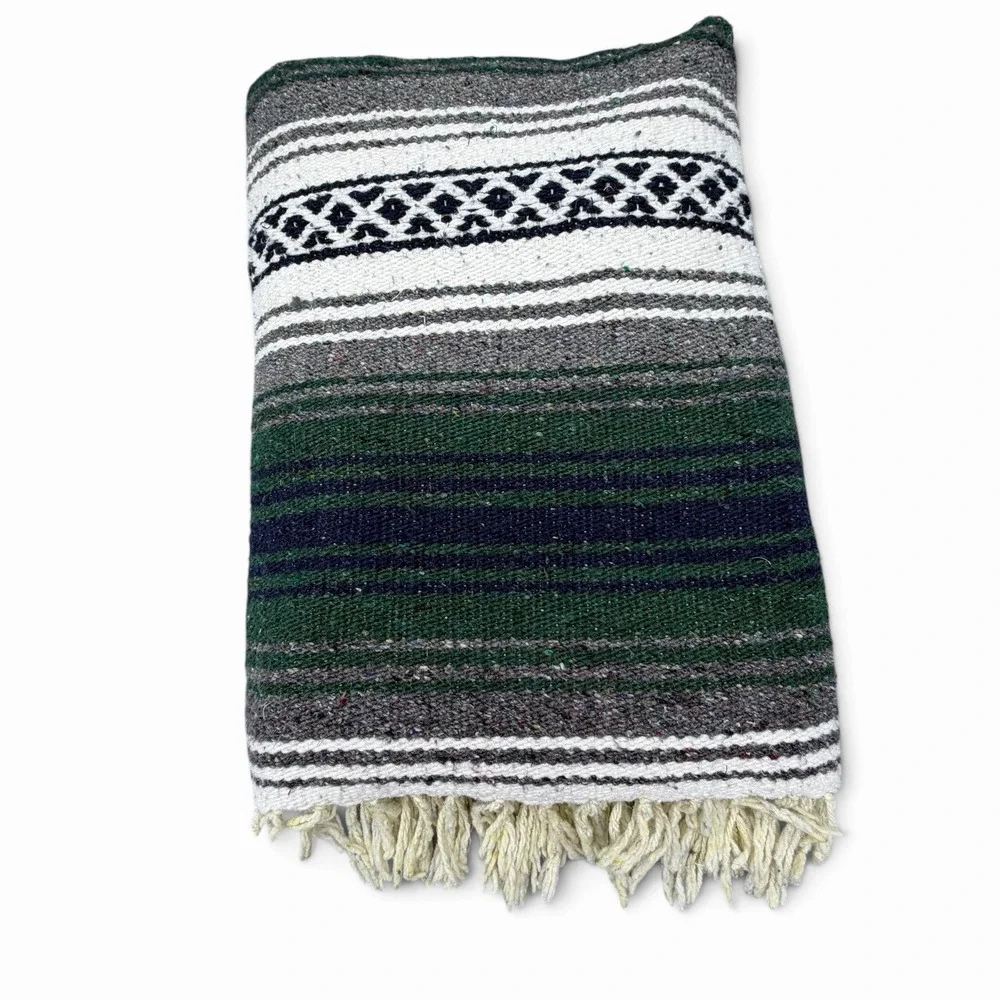Vintage Woven Mexico Blanket Serape Yoga Falsa Navy Gray Green Throw 52